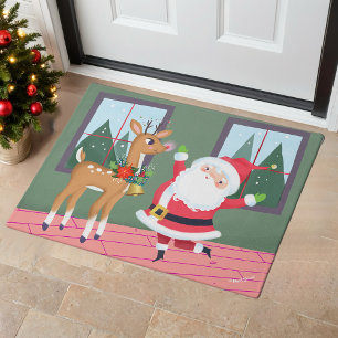Cute Santa and Rudolph Red & Green Doormat