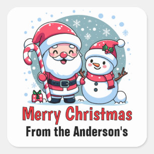 Cute Santa And Snowman Christmas Custom Square Sticker