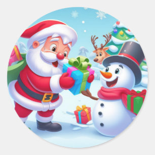 Cute Santa and Snowman Classic Round Sticker