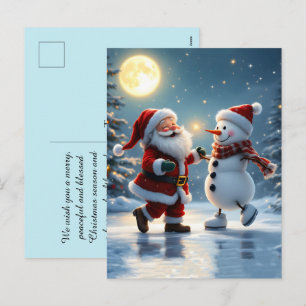 Cute Santa and snowman dancing on ice in winter  Holiday Postcard