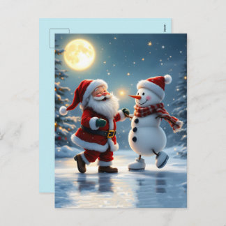 Cute Santa and snowman dancing on ice in winter  Holiday Postcard