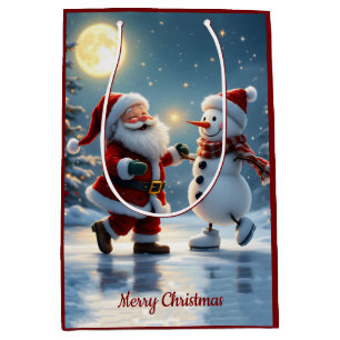 Cute Santa and snowman dancing on ice in winter  Medium Gift Bag