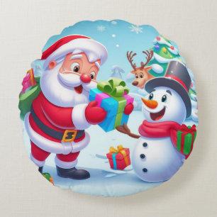 Cute Santa and Snowman Round Cushion