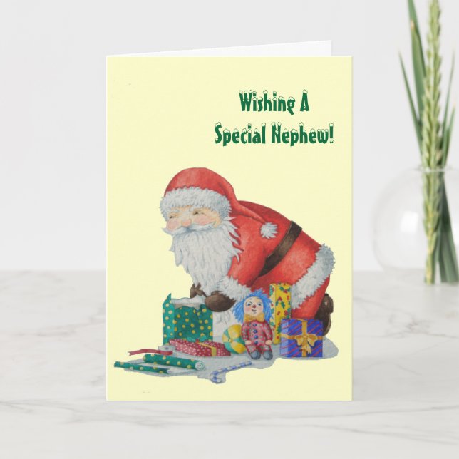 Cute santa and toys wrapping gifts for Christmas Holiday Card (Front)