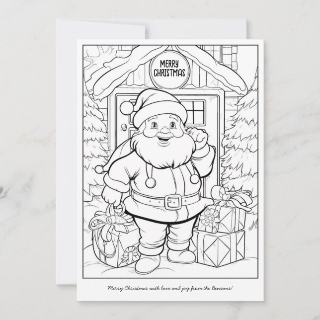 Cute Santa at Family Home Art Colouring Christmas Holiday Card (Front)