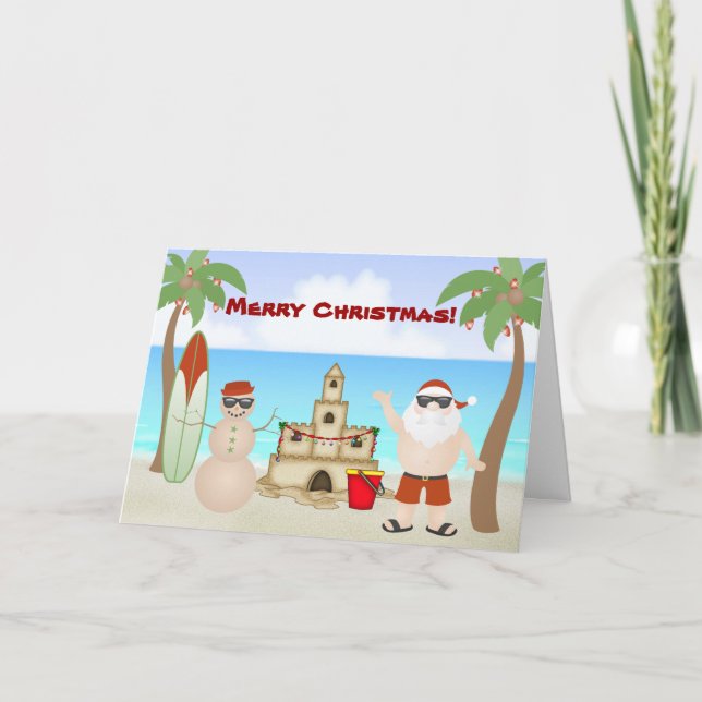 Cute Santa at the Beach Paradise Merry Christmas Holiday Card (Front)