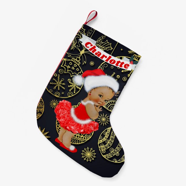 Cute Santa Baby Girl Ethnic Name Gold Ornaments Small Christmas Stocking (Front (Hanging))