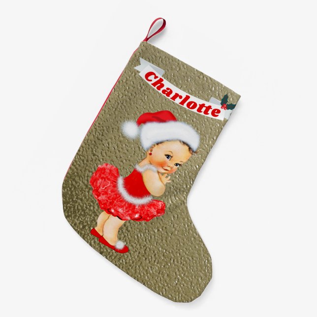Cute Santa Baby Girl Monogram Name Red Gold Small Christmas Stocking (Front (Hanging))