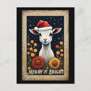 Cute Santa Baby Goat Kid Colourful Flower Holiday Postcard