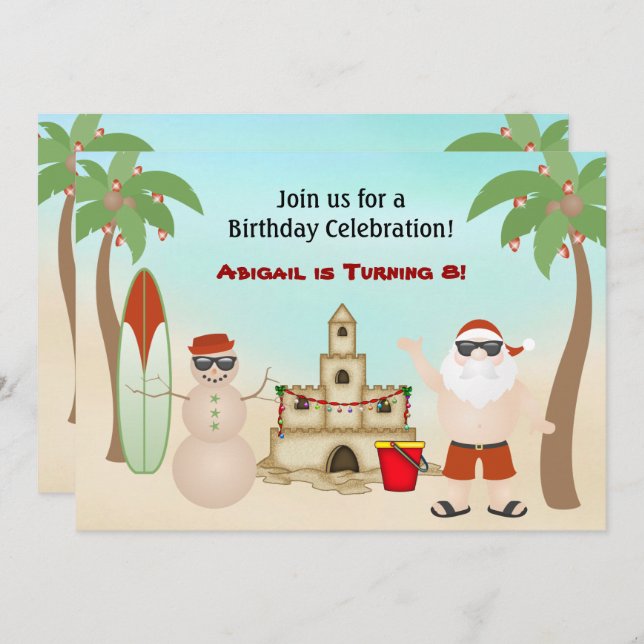 Cute Santa Beach Christmas Holiday Birthday Invitation (Front/Back)