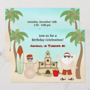 Cute Santa Beach Christmas Holiday Birthday Invitation