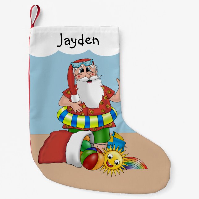 Cute Santa Beach Tropical Small Christmas Stocking (Front)