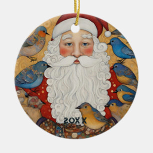 Cute Santa Blue Birds Ceramic Ornament