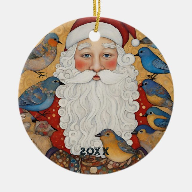 Cute Santa Blue Birds  Ceramic Ornament (Front)