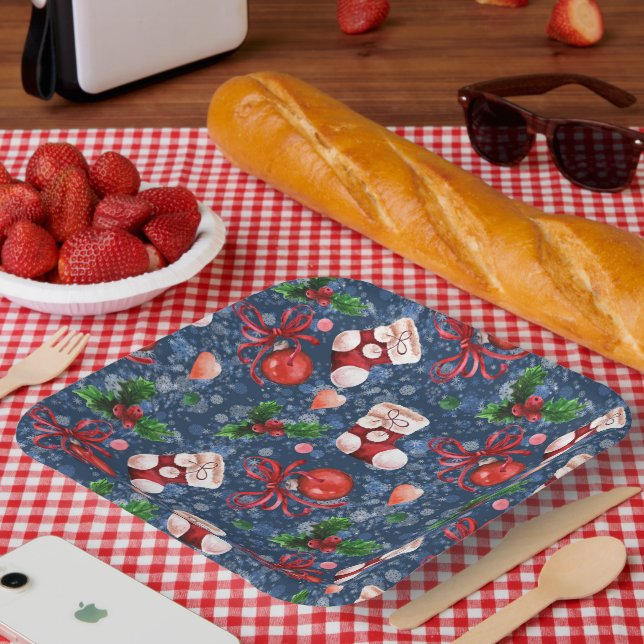 Cute Santa Boots Balls Red Holly Berries Christmas Paper Plate (Picnic)