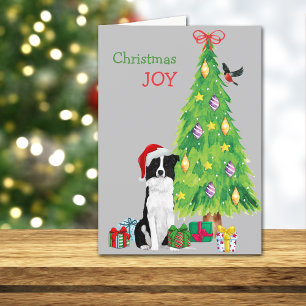 Cute Santa Border Collie and Christmas Tree Holida Holiday Card