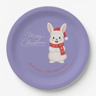Cute Santa Bunny Christmas Purple Paper Plate