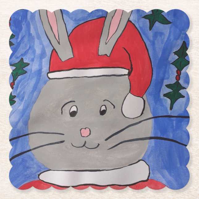 Cute Santa Bunny Paper Coaster (Front)