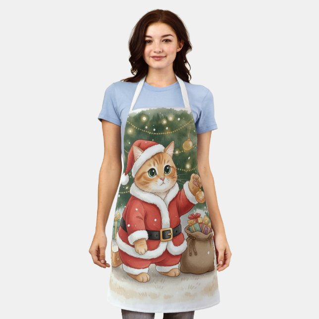 Cute Santa Cat Christmas Apron for Cat Lovers (Worn)