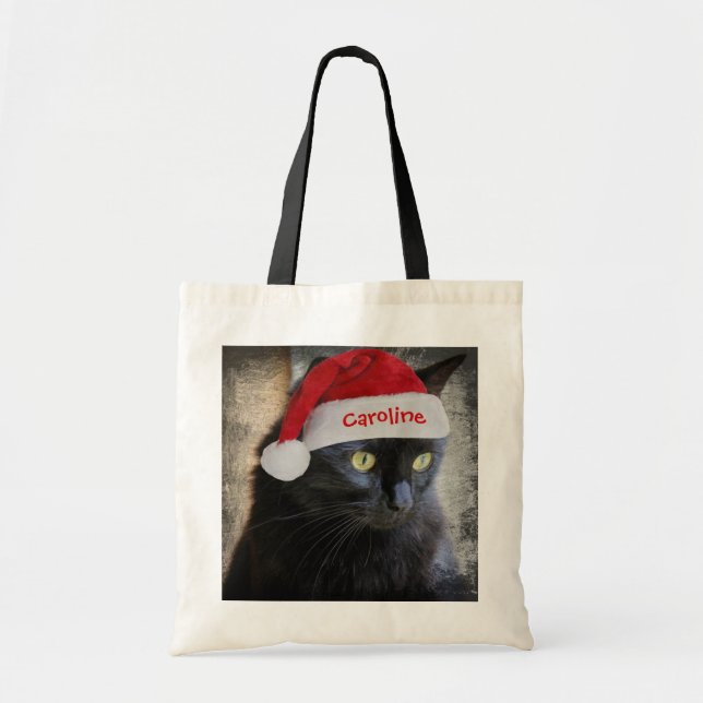 Cute Santa Cat Christmas Gift Bag, Personalised Tote Bag (Front)