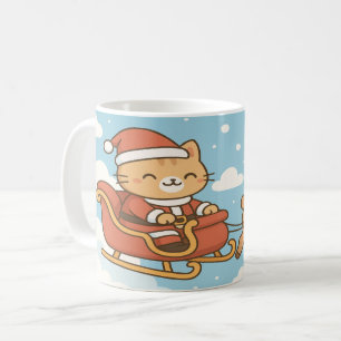 Cute Santa Cat Flying Sleigh Christmas Mug
