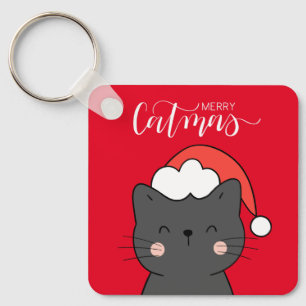 Cute Santa Cat Merry Catmas Custom Keychain