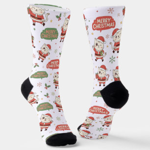 Cute Santa Cat Pattern "Merry Christmas" Holiday Socks