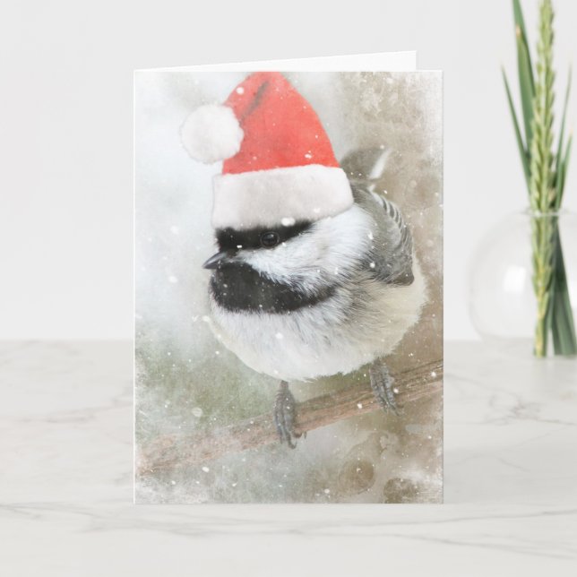 Cute Santa Chickadee Holiday Card (Front)