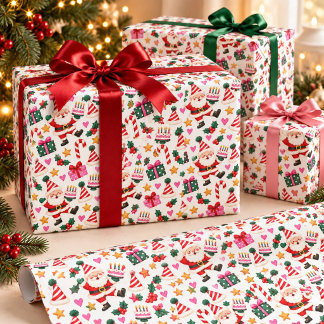 Cute Santa Christmas Birthday Cakes Party Pattern Wrapping Paper