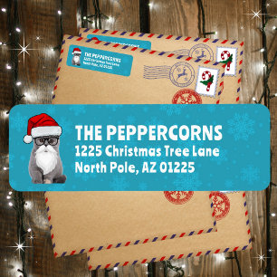 Cute Santa Christmas Cat Teal Return Address Label