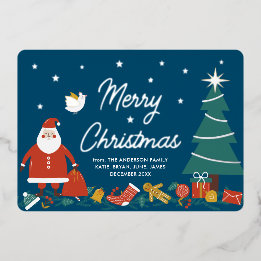 Cute Santa Christmas Foil Blue Greeting Card
