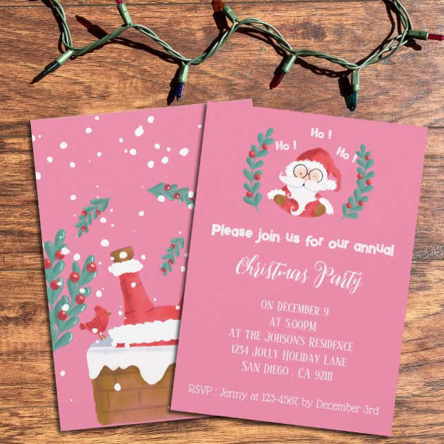 Cute Santa Christmas Party Pink Invitations (Creator Uploaded)
