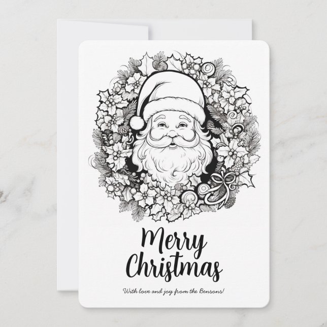 Cute Santa Christmas Wreath Colouring Holiday Card (Front)