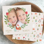 Cute Santa Christmas  Wreath Photo Card<br><div class="desc">Front side with wreath and cute santa  - backside with Cute christmas pattern design on backside  with hand drawn nature symbols snowmen,  reindeer,  holly,  snow, </div>