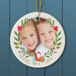 Cute Santa Christmas  Wreath Photo Ceramic Ornament<br><div class="desc">Front side with wreath and cute santa  - backside with Cute christmas pattern design on backside  with hand drawn nature symbols snowmen,  reindeer,  holly,  snow, </div>