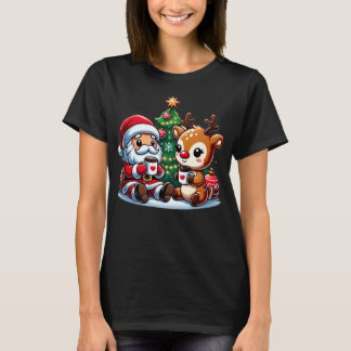 Cute Santa Claus And Red Nose Reindeer Drinking T- T-Shirt