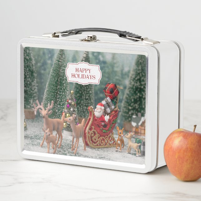 Cute Santa Claus and Reindeer Metal Lunch Box (In Situ)