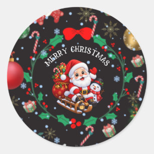 Cute Santa Claus and Snowman Christmas Sled Holida Classic Round Sticker