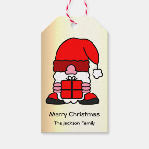 Cute Santa Claus Cartoon Custom Family Name Gold Gift Tags