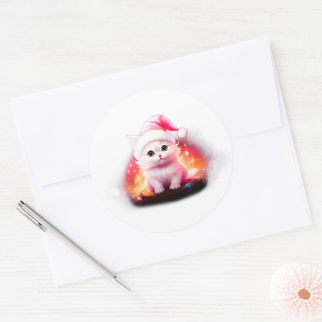 Cute Santa Claus Cat Classic Round Sticker (Envelope)