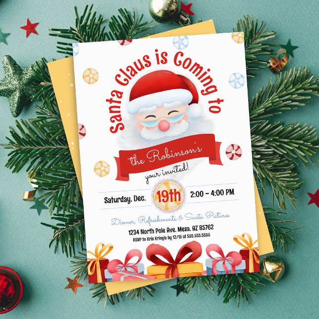 Cute Santa Claus Christmas Party Invitation (cute santa claus is coming annual christmas party invitation for kids adults holiday party invites)