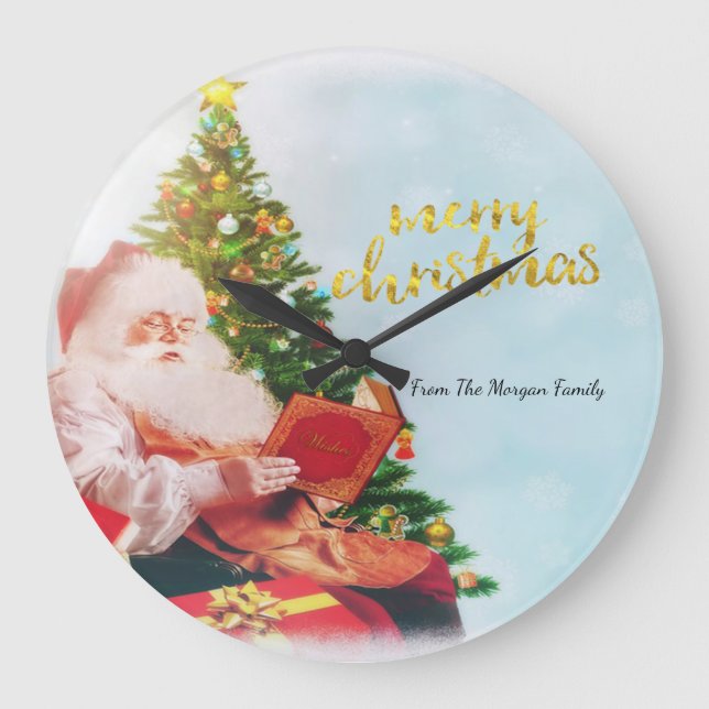 Cute Santa Claus Christmas Pine Tree Large Clock (Front)