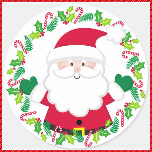 Cute Santa Claus & Christmas Wreath Envelope Classic Round Sticker