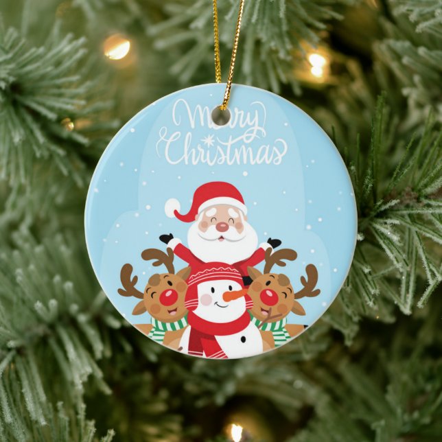 Cute Santa Claus, deer and snowman Ceramic Ornament (Tree)
