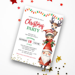 Cute Santa Claus Elf Reindeer Kids Christmas Party Invitation