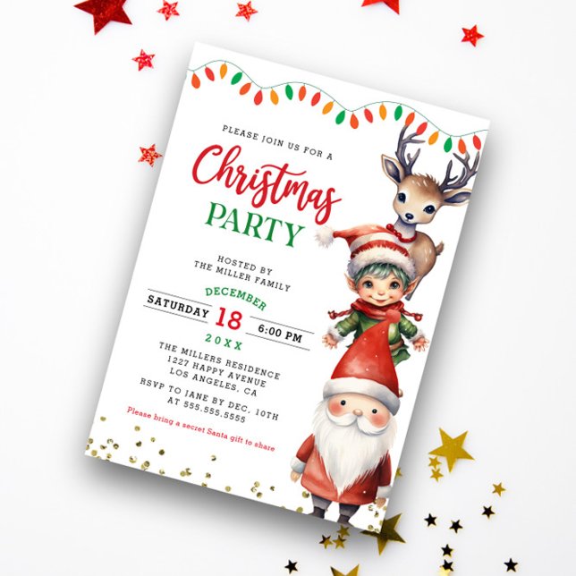 Cute Santa Claus Elf Reindeer Kids Christmas Party Invitation (Creator Uploaded)