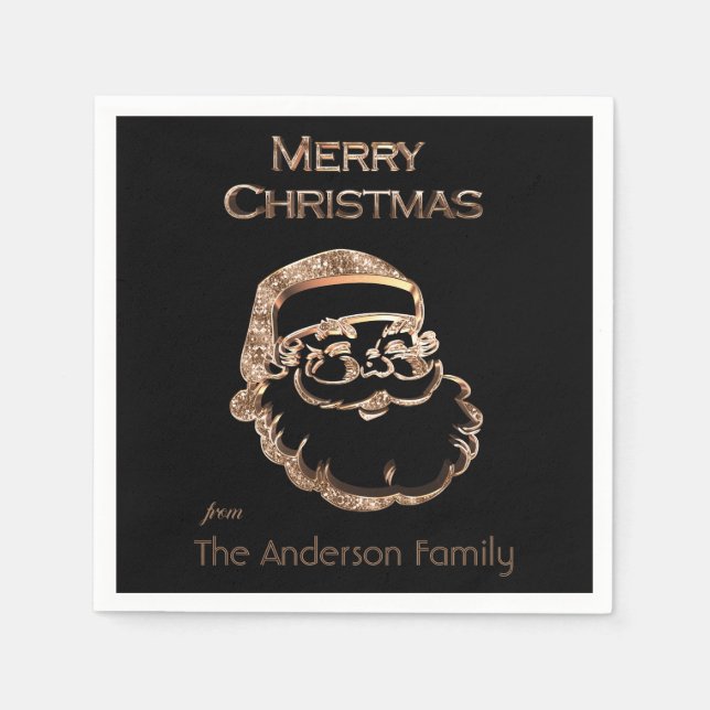 Cute Santa Claus Father Christmas Black and Gold Napkin (Front)