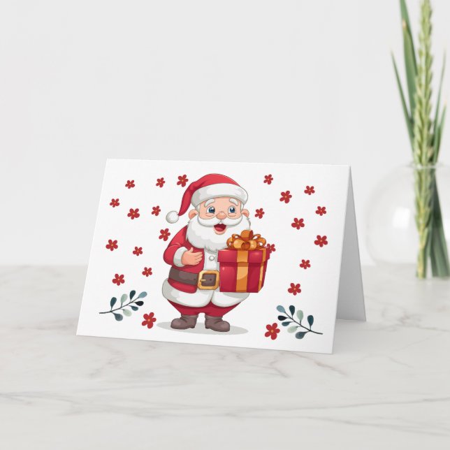 Cute Santa Claus  & Florals Christmas Card (Front)
