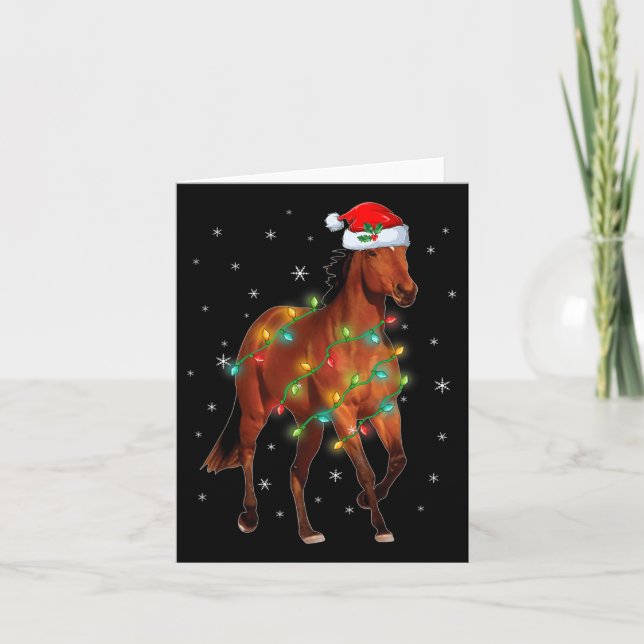 Cute Santa Claus Horse Xmas Tree Lights Merry Chri Card (Front)