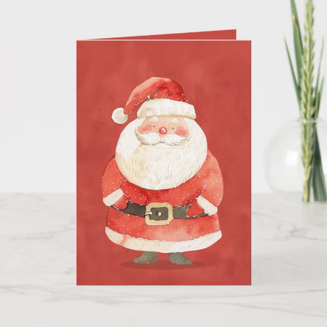 Cute Santa Claus Minimalist Red Merry Christmas Card (Front)